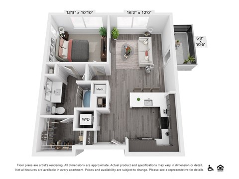 Floor plan for 1 bed, 1 bath, 760 sqft
